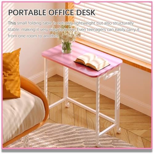 4NM 23.6" Mobile Small Rolling Computer Desk, Folding Laptop Cart Table with Wheels, Portable Office Desk for Small Space Couch Bed - Pink and White