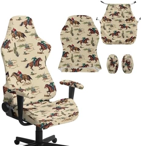 Western Cowboy Print Gaming Chair Cover with Armrest Cover Rustic Style Zippered Slipcover Stain Resistant Universal Swivel Office Desk Chair Protector