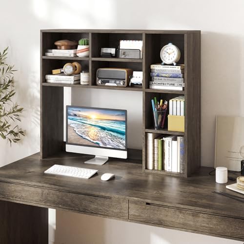 Giantex Desktop Bookshelf, Desk Hutch Dorm w/ 7 Cubes & 3 Adjustable Shelves, Desk Shelf for Up to 27" Computer Monitors, Wooden Desktop Storage Organizer for Dorm College Office Home (Grey Oak)
