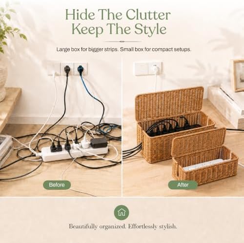 2PCS Cable Management Box Set, Handmade Rattan Cord Organizer