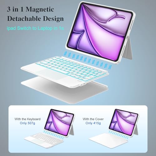 iPad Air 13 inch Case Keyboard (M4/M3/M2, 2026/2025/2024), Keyboard for Pro 12.9 6/5/4/3rd Gen, Magnetic Detachable, Trackpad, 7-Color Backlit, Landscape/Portrait, Adjustable Stand (White)