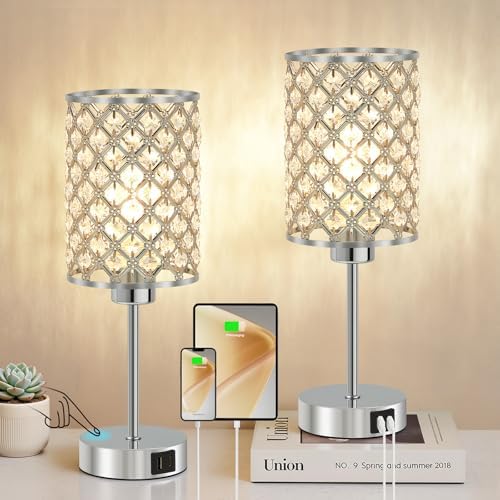 GyroVu Silver Crystal Bedside Table Lamps Set of 2 with USB C+A Ports