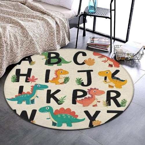 Soft Round Yoga Carpet, Large Home Decor Mat, Non Slip Machine Washable Kitchen Office Circle Rug Dinosaur