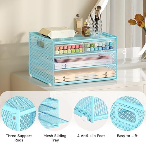 4 Tier Paper Organizer with Handle,Letter Tray Blue Desk Organizer Set