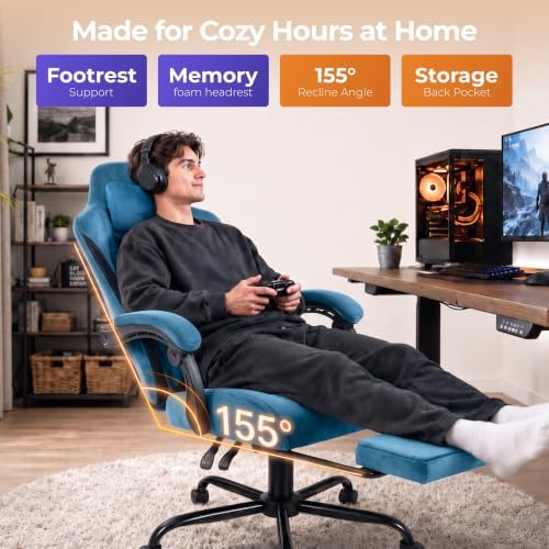Fabric Gaming Chair with Heated Massage Lumbar Support, Pocket Spring Seat, Reclining Computer Chair with Footrest, Breathable High Back Gamer Chair, 350 lbs