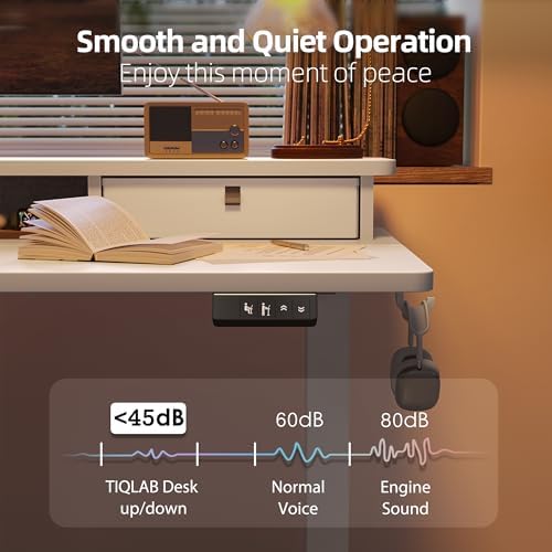 TIQLAB 55 * 28 Inch Standing Desk with Four Drawers, Electric Sit Stand Table, Stand Up Desk Adjustable Height with Storage Shelf, Splice Board, White