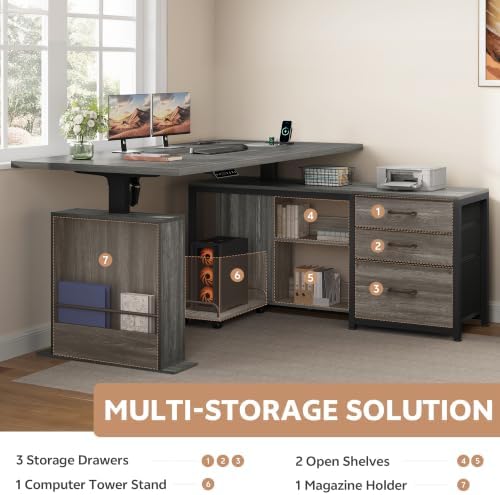 63'' L Shaped Desk with 3 Drawers Electric Standing Desks Grey