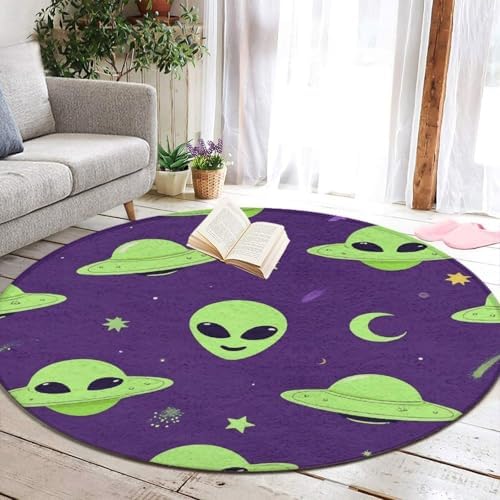 Soft Round Yoga Carpet, Large Home Decor Mat, Non Slip Machine Washable Kitchen Office Circle Rug Alien Art Purple