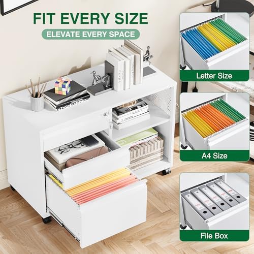 3 Drawer Metal File Cabinet with Lock, Mobile Lateral Filing Cabinet with Side Hook for Letters/Legal/A4, Printer Stand Storage Cabinets with Shelves for Home Office(White)