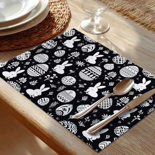 Shrahala Easter Eggs Rabbits Set of 8 12 X 18 Inch Linen Placemats, Black White with Eggs Rabbits Burlap Table Mat Washable Double Layered Heat Insulation for Indoor/Outdoor