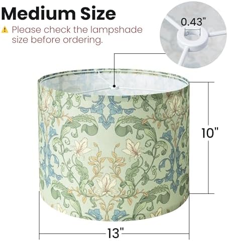 AELS Vintage Lamp Shades Set of 2, Green Botanical Fabric Drum Lampshades for Table or Floor Lamps, 13x13x10 Medium Size (Spider Fitter), Easy Assembly Required