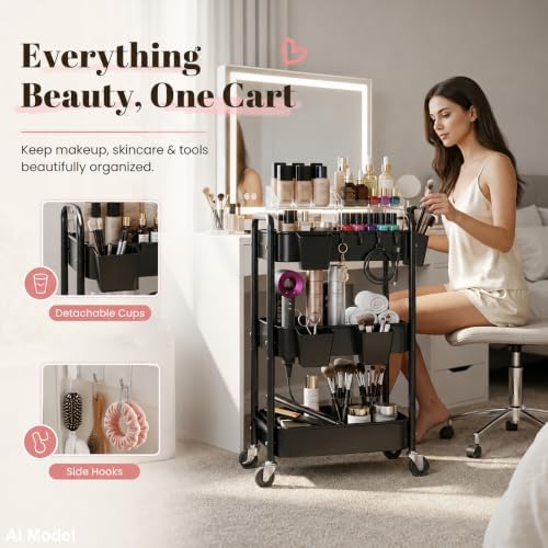 3 Tier Rolling Cart Metal with Wheels,Black Three Tiered Dorm Storage Carts