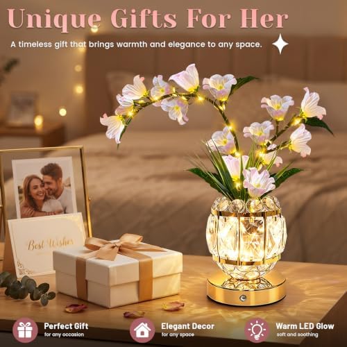 Lily Flower Lamps, Rechargeable Cordless Small Desk Lamp, 3 Colors Dimmable Artificial Flowers Night Light, Fake Bouquet 3 Lilies with Crystal Vase for Home Date Party Decoration (Pink - May Bells)