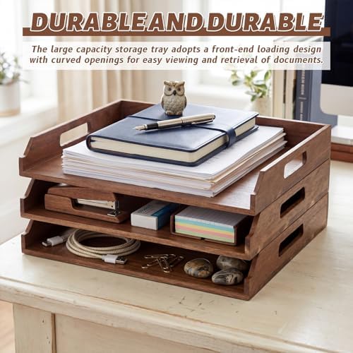 AceOrbit 3 Pcs Stackable Paper Tray Acacia Wood Desk Organizer Letter Tray