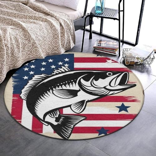 Large Home Decor Mat, Soft Round Yoga Carpet, Non Slip Machine Washable Home Office Circle Rug American Flag Camo Fish