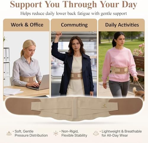 RANDY SUN Enhanced Back Brace with EVA Cushion Pad, Ultra Thin Lumbar Support Belt for Women & Men, Lightweight Breathable Light Taupe L/XL(Waist:33"-38")