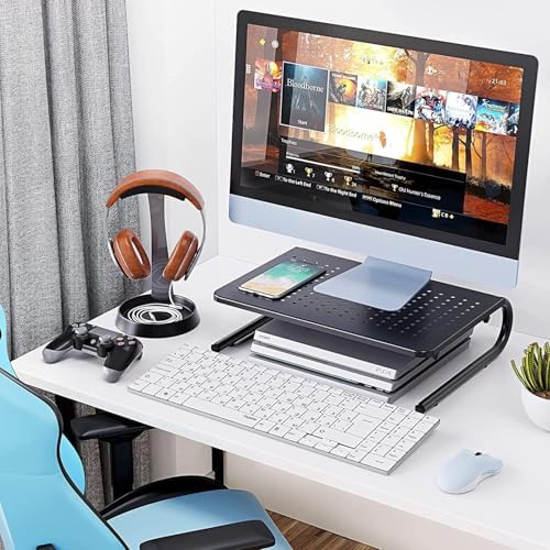 HUANUO Monitor Riser for Desk, Laptop Stand with Vented Steel Shelf, Black