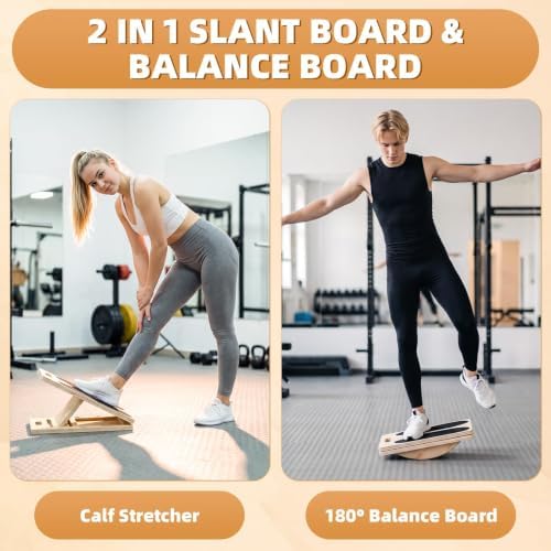 2-in-1 Slant Board & 180° Balance Board, Portable Adjustable Calf Stretch Board with Training Poster and Resistance Band, for Physical Therapy, Achilles Stretching