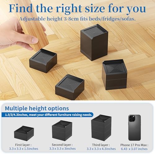 Ezprotekt Adjustable Bed Furniture Risers 1.5" 3" &4.3" Heavy Duty 4000 lbs