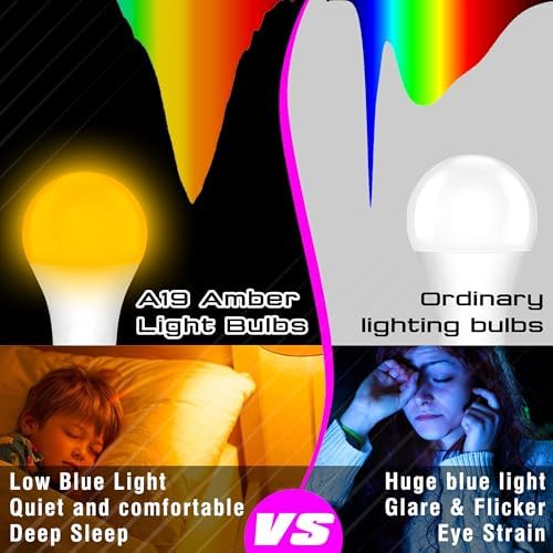 A19 Amber Light Bulbs 1800K,9W Warm Light Bulb 800Lm, Blue Light Blocking
