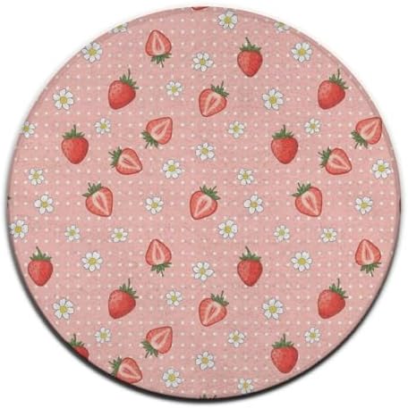 Large Home Decor Mat, Soft Round Yoga Carpet, Non Slip Machine Washable Home Office Circle Rug Floral Flowers Dots Cute Strawberries Pink Art, 36inch