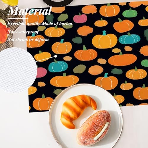 Shrahala Cute Halloween Pumpkins Set Of 4 12 X 18 Inch Linen Placemats , Black Background Pink Blue Tiny Squash Burlap Table Mat Washable Double Layered Heat Insulation For Indoor/Outdoor