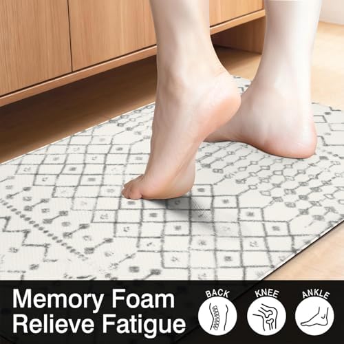 Boho Kitchen Mats for Floor 2PCs, 17.3"x47"+17.3"x30", White