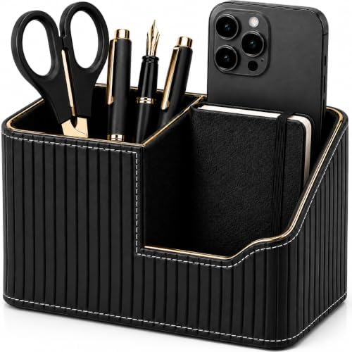 KINGFOM Luxury Black PU Leather Desk Organizer with Gold Trim, Premium Pen Holder for Desk Accessories, Modern Office Supplies Organizer for Home Office Desk Decor