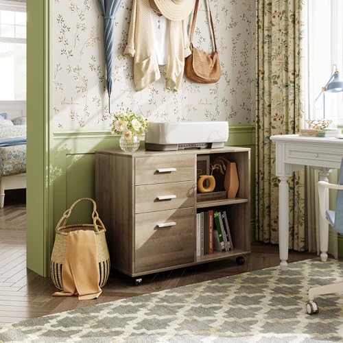 DEVAISE Wood File Cabinet, 3 Drawer Lateral Filing Cabinet, Gray Oak