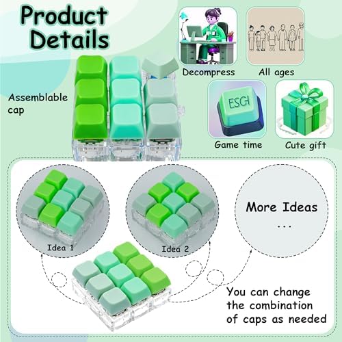 Keyboard Fidget Toy, Keyboard Fidget Keychain 9-in-1 Keyboard Decompression Button Finger Clicker Toys Stress Relief Fidget Gifts (3 Colors- Green)