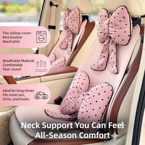 2PCS Chic Car Headrests with Bow-Shaped Cotton Linen Bowknot Neck Pillows for Cozy Road Trip & Cute Interior Decoration (Pink Polka)