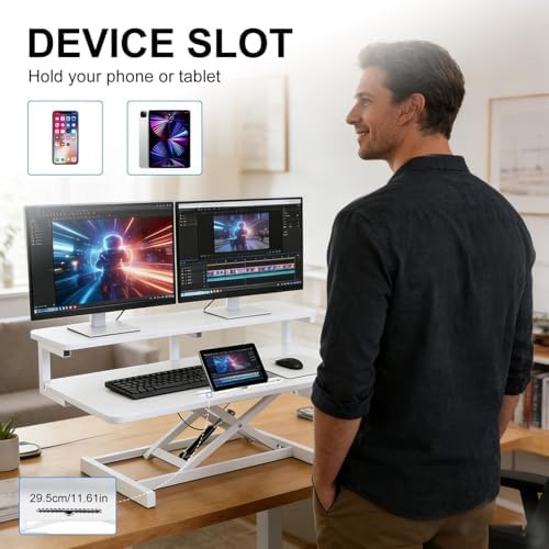 37" Standing Desk Converter with Pneumatic Single-Button Lift, Adjustable Desk Riser for Two Monitors & Laptop, Height Range 10.2-24.8", 39.68 Lb Load, 37" Main + 9" Secondary Desks