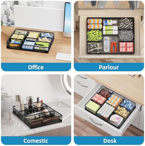Marbrasse Desk Drawer Organizer, Metal Mesh Drawer Organizer Tray with 5 Adjustable Compartments,Desk Organizers and Accessories for Home,Office,Kitchen,Makeup,Vanity (Black,2Pack)