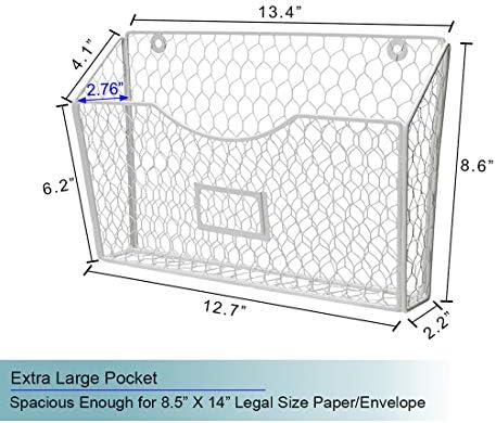 PAG-Mass 3 Pockets Hanging File Holder Wall Mount Mail Organizer Metal Chicken Wire Magazine Rack with Tag Slot, White