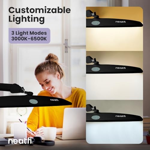 Neatfi Elite HD XL Task Lamp | 22-Inch Wide | 2,260 Lumens | 3 Color Temperature Modes | Non-Polar Dimming Desk Lamp (Black-2, CCT with Clamp)