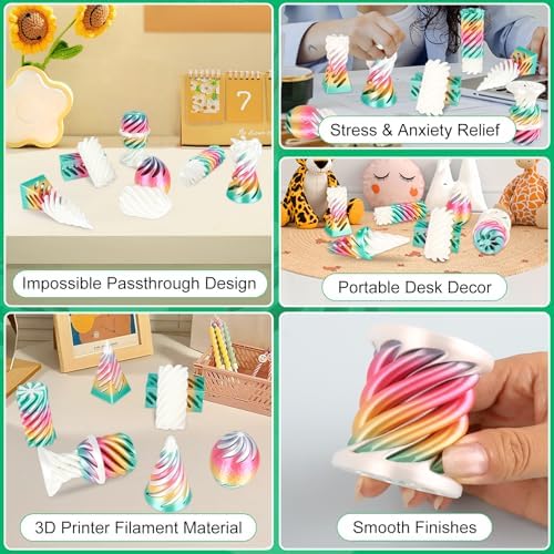 6 Packs Spiral Cone 3D Printed Fidget Toy Set, Flexible Impossible Cone Pyramid Passthrough Toys for Stress Relief,Desk Deco Relaxing for Kids Adults, Candy Gradient Rainbow & White