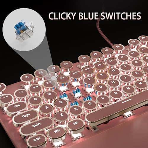 Camiysn Typewriter Style Mechanical Gaming Keyboard, Pink Retro Punk Gaming Keyboard with White Backlit, 104 Keys Blue Switch Wired Cute Keyboards, Round Keycaps for Windows/Mac/PC