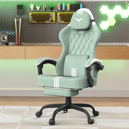 Ferghana Cotton Fabric Gaming Chair – Wider Seat Cushion, Diamond Double-Stitching, Ergonomic High Back with Footrest, Computer Gamer Chair Featuring Massage Lumbar Support for Adults (Green/White)