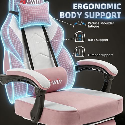 Shintenchi Big and Tall Gaming Chair Fabric Pocket Spring Cushion, High Back Recliner with Footrest and Headrest for Adults, Massage Lumbar Support for Home Office, Ergonomic Computer Desk Chair, Pink