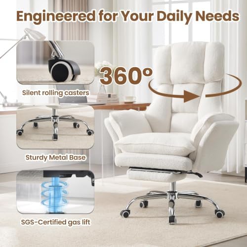 Big and Tall Office Chair with Flip Arms and Footrest, Teddy Criss Cross Legged Home Office Desk Chair with Pet Seat, Comfy Reclining Computer Gaming Chair, White