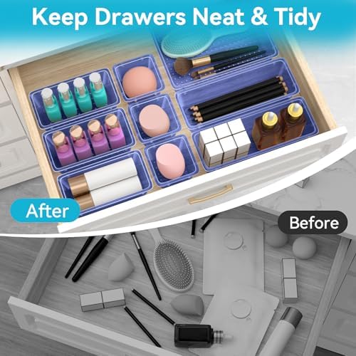 12 PCS Drawer Organizer Set, Makeup Organizer, Tool Storage Tray, Navy Blue