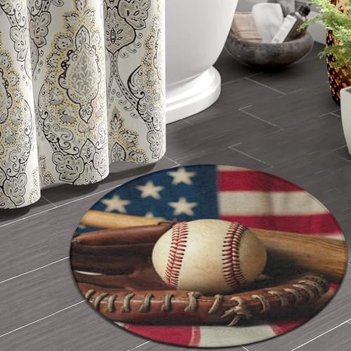 Large Home Decor Mat, Soft Round Yoga Carpet, Non Slip Machine Washable Kitchen Office Circle Rug Retro Baseball American Flag