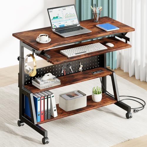 Rolling Computer Desk with Power Outlet, Adjustable Height Portable Desk