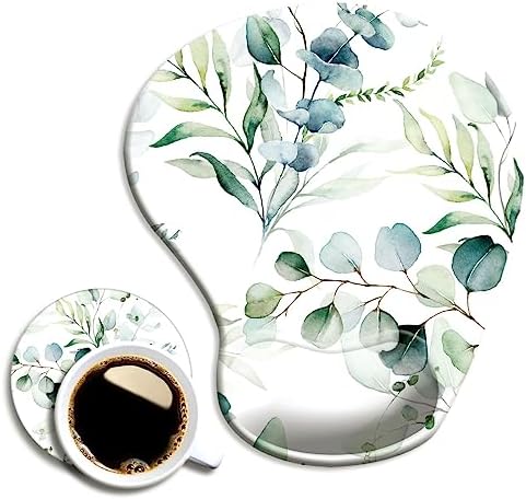 DOOKE Ergonomic Mouse Pad with Wrist Support and Coaster,Mouse Pads with Non-Slip PU Base for Home Office Working Studying Easy Typing & Pain Relief Eucalyptus Leaves