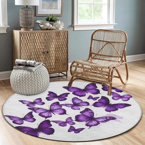 Soft Round Yoga Carpet, Office Chair Decor Round Mat for Carpet and Hardwood Floors Purple Butterfly
