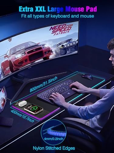 Mouse Pad with Magnetic Wireless Charging, Large Desk Pad Protector, RGB Black Desk Mat with 15W Fast Charger, Non-Slip Waterproof Mousepad for Office Home Gaming