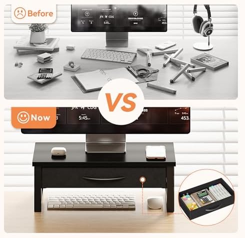 Computer Monitor Stand Riser, Desk Organizers and Accessories with Drawer, 2-Tier Laptop Stand for Desk, Office Organizer Storage, Wood
