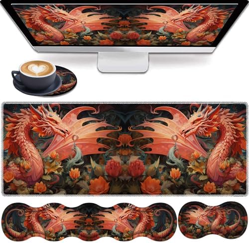 4 in 1 Mouse Pad Combo, Large Gaming Mouse Pad + Keyboard Wrist Support + Mouse Wrist Rest + Coaster, Table Pad with Stitched Edge Ergonomic Wrist Pad Set, Dragon