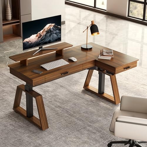 EUREKA ERGONOMIC 63" L-Shaped Standing Desk, Solid Walnut Top, Dual Drawers, Height Adjustable Executive Desk with Monitor Stand, Right, Walnut