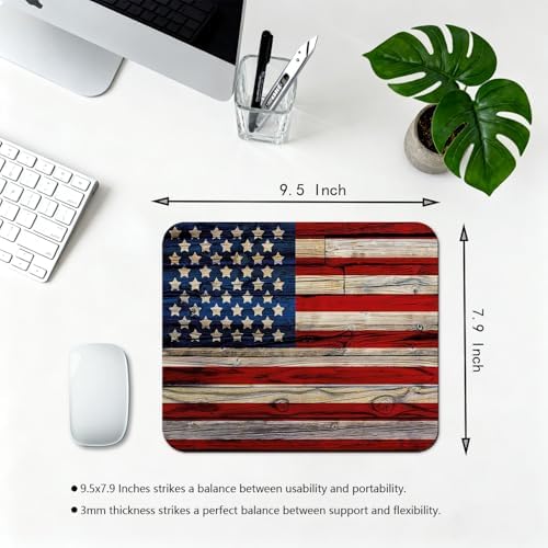 9.5x7.9 Inch Office/Gaming Mouse Pad, American Flag Design on Rustic Wood Texture Patriotic Country Style, Cute Anti-Slip Mat for Desk Decor